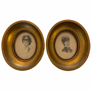 Pair of Antique Portrait Prints Oval Wood Gilt Frames 6.5” x 7.75” Vintage Gold